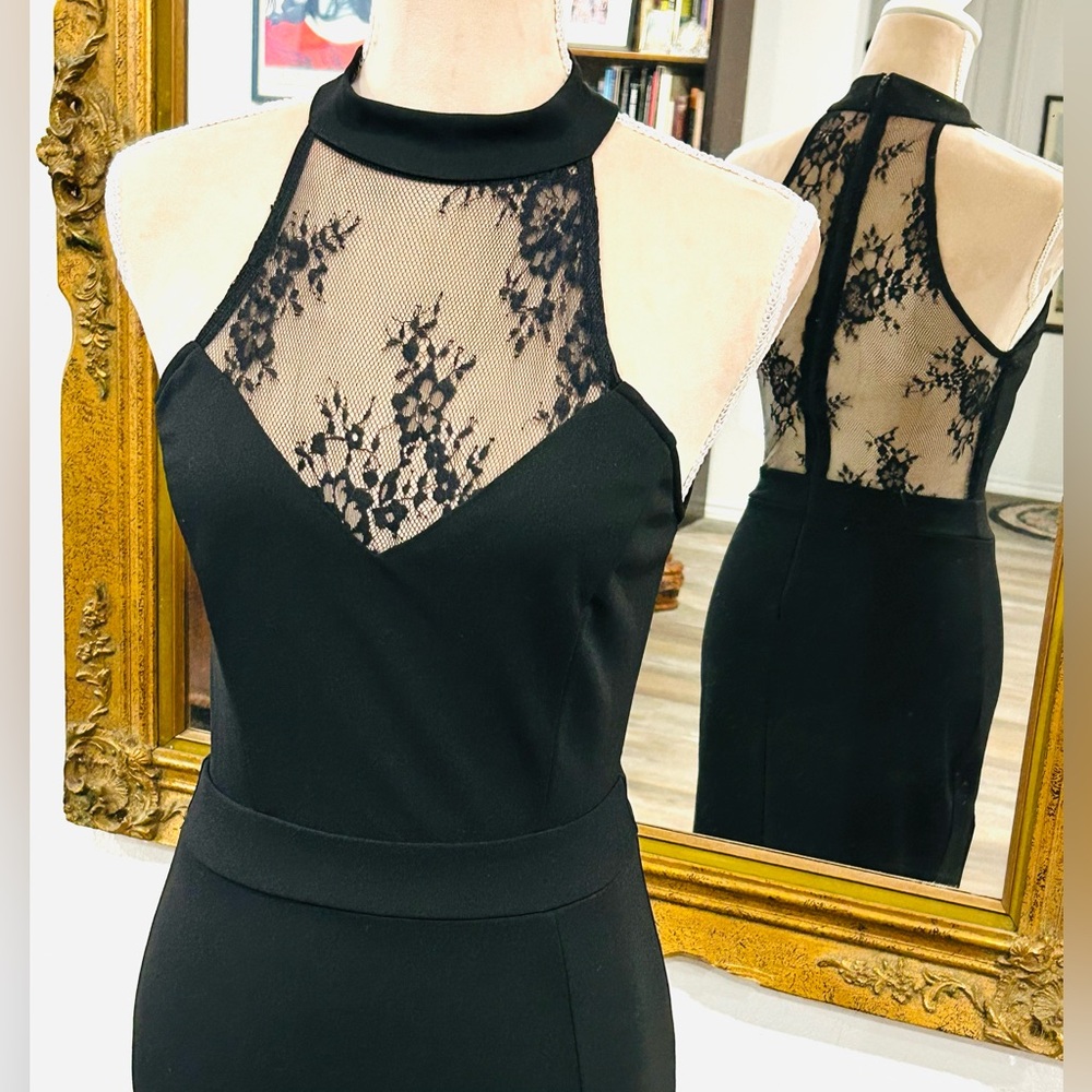 Black Lace Halter Formal Length Prom Recital Cocktail Party Dress Gown Sz S